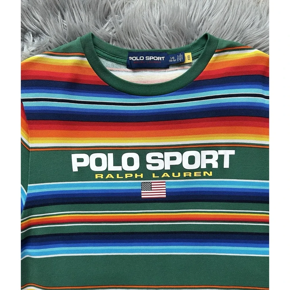 Ralph Lauren Classic Fit Red Rock Stripe Polo Sport Mesh T-Shirt Youth Large HTF